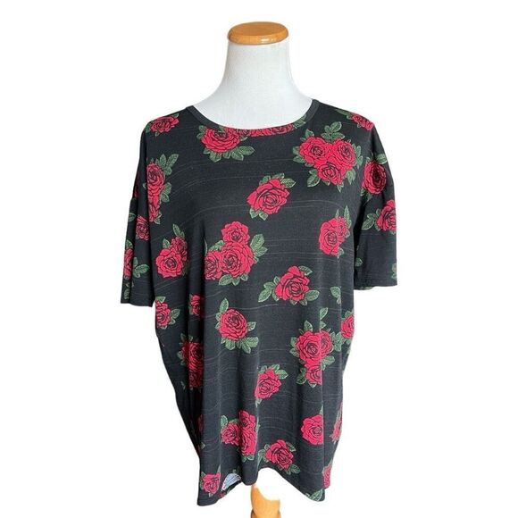 Womens LuLaRoe Selena Rose Print Black Irma Tunic Top - Sz S - Picture 1 of 2